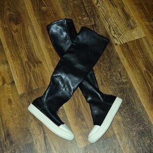 Rick Owens Black Leather Over the Knee Boots with White Soles
